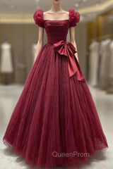 Burgundy Tulle Pleats Evening Prom Dresses