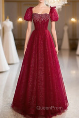 Burgundy Tulle Puff Sleeve Beading Evening Prom Dresses
