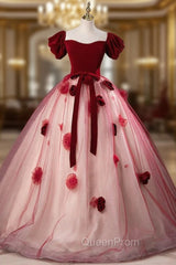 Burgundy Tulle Puff Sleeve Off the Shoulder Quinceanera Dresses