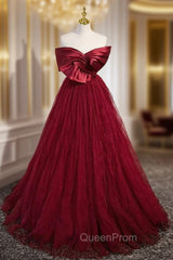 Burgundy Tulle Satin Off the Shoulder Evening Prom Dresses