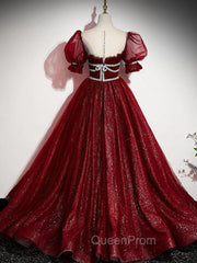 Burgundy Tulle Sequin Long Evening Prom Dresses, Burgundy Evening Dresses