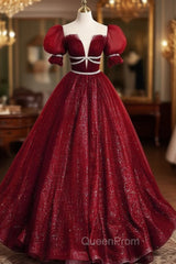 Burgundy Tulle Sequin Long Evening Prom Dresses, Burgundy Evening Dresses