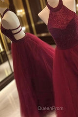 Burgundy Tulle Sequin Long Evening Prom Dresses, Cute Evening Dresses For Teens