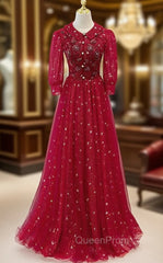 Burgundy Tulle Sequins Beading Short Sleeve Evening Prom Dresses