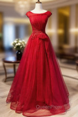 Burgundy Tulle Sequins Cap Sleeve Pleats Evening Prom Dresses