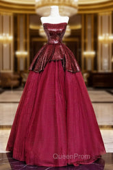 Burgundy Tulle Sequins Long Evening Prom Dresses, A-Line Strapless Evening Party Dresses