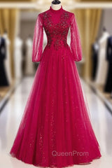 Burgundy Tulle Sequins Long Sleeve High Neck Beading Evening Prom Dresses