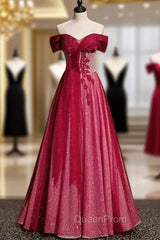 Burgundy Tulle Sequins Off the Shoulder Beading Pleats Evening Prom Dresses