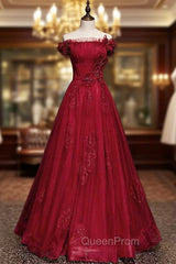 Burgundy Tulle Sequins Off the Shoulder Pleats Evening Prom Dresses