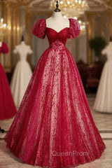 Burgundy Tulle Sequins Puff Sleeve Evening Prom Dresses