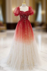 Burgundy Tulle Sequins Short Sleeve Square Beading Evening Prom Dresses