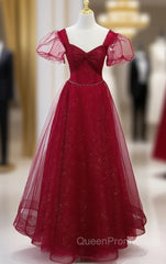 Burgundy Tulle Sequins Square Beading Evening Prom Dresses