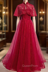 Burgundy Tulle Sequins Strapless Evening Prom Dresses With Shawl