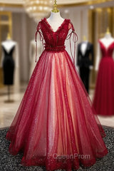 Burgundy Tulle Sequins V-neck Beading Evening Prom Dresses