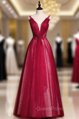 Burgundy Tulle Sequins V-neck Pleats Beading Evening Prom Dresses