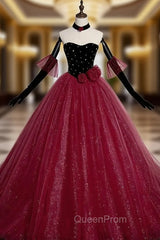 Burgundy Tulle Sequins Velvet Strapless Evening Prom Dresses