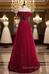 Burgundy Tulle Seuqins Beading Off the Shoulder Evening Prom Dresses