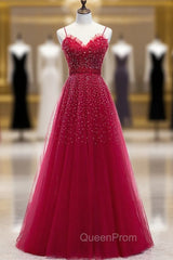 Burgundy Tulle Spagehtti Straps Beading Evening Prom Dresses