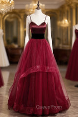 Burgundy Tulle Spaghetti Straps Backless Evening Prom Dresses