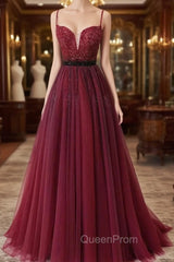 Burgundy Tulle Spaghetti Straps Beaded Evening Prom Dresses