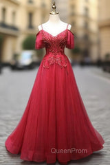 Burgundy Tulle Spaghetti Straps Lace Beading Evening Prom Dresses