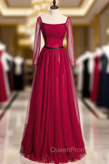 Burgundy Tulle Square Long Sleeve Evening Prom Dresses