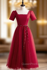 Burgundy Tulle Square Short Sleeve Pearls Evening Prom Dresses