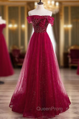 Burgundy Tulle Star Sequins Off the Shoulder Beading Evening Prom Dresses