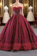 Burgundy Tulle Strapless Beading Feather Evening Prom Dresses