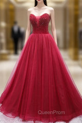 Burgundy Tulle Strapless Beading Evening Prom Dresses