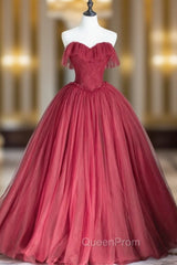 Burgundy Tulle Strapless Pleats Evening Prom Dresses
