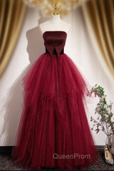 Burgundy Tulle Strapless Evening Prom Dresses