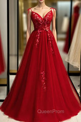 Burgundy Tulle V-neck Appliques Backless Evening Prom Dresses