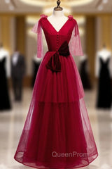 Burgundy Tulle V-neck Pleats Long Evening Prom Dresses With Bow
