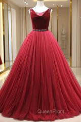 Burgundy Tulle Velvet Backles Beading Evening Prom Dresses