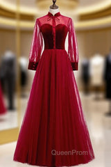 Burgundy Tulle Velvet Long Sleeve Button Evening Prom Dresses