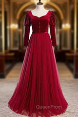 Burgundy Tulle Velvet Long Sleeve Square Long Evening Prom Dresses