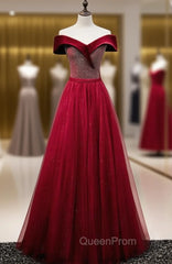 Burgundy Tulle Velvet Off the Shoulder Evening Prom Dresses