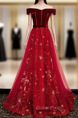 Burgundy Tulle Velvet Off the Shoulder Evening Prom Dresses