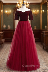 Burgundy Tulle Velvet Off the Shoulder Short Sleeve Evening Prom Dresses