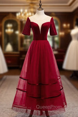 Burgundy Tulle Velvet Short Sleeve Ankle Length Evening Prom Dresses