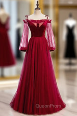 Burgundy Tulle Velvet Spaghetti Straps Long Sleeve Evening Prom Dresses