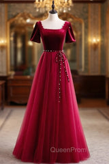 Burgundy Tulle Velvet Square Short Sleeve Evening Prom Dresses