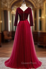 Burgundy Tulle Velvet V-neck 3/4 Sleeve Evening Prom Dresses