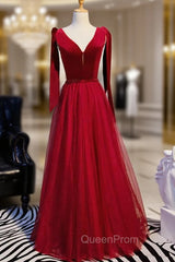 Burgundy Tulle Velvet V-neck Beading Evening Prom Dresses With Bow