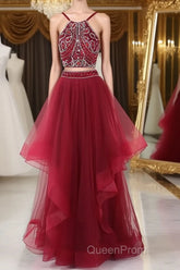 Burgundy two pieces beads long Evening Prom Dresses, burgundy evening Dresses