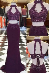 Burgundy Two Pieces Lace Long Evening Prom Dresses, Evening Dresses
