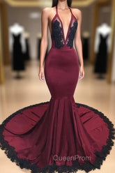 Burgundy V-neck Halter Appliques Long Mermaid Evening Dresses