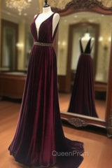 Burgundy V Neck Long Evening Prom Dresses, Burgundy Evening Dresses