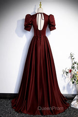 Burgundy V-Neck Satin Long Evening Prom Dresses, Simple Short Sleeve Evening Party Dresses
